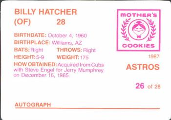 1987 Mother's Cookies Houston Astros #26 Billy Hatcher Back