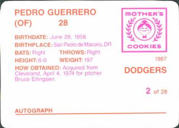 1987 Mother's Cookies Los Angeles Dodgers #2 Pedro Guerrero Back
