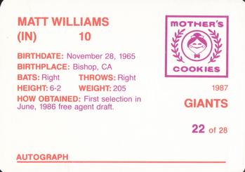 1987 Mother's Cookies San Francisco Giants #22 Matt Williams Back