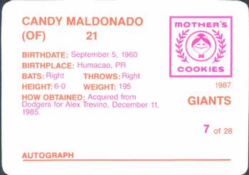 1987 Mother's Cookies San Francisco Giants #7 Candy Maldonado Back