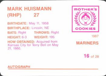 1987 Mother's Cookies Seattle Mariners #16 Mark Huismann Back