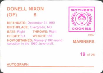 1987 Mother's Cookies Seattle Mariners #19 Donell Nixon Back