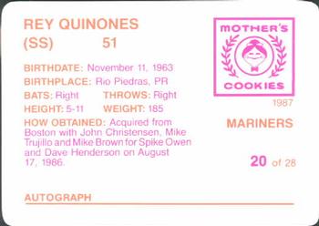 1987 Mother's Cookies Seattle Mariners #20 Rey Quinones Back