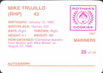 1987 Mother's Cookies Seattle Mariners #25 Mike Trujillo Back