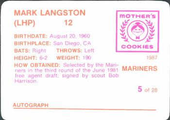 1987 Mother's Cookies Seattle Mariners #5 Mark Langston Back