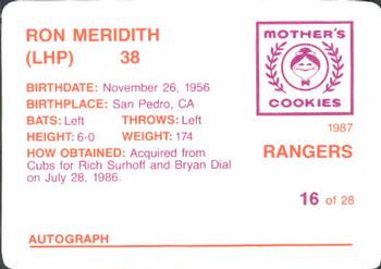 1987 Mother's Cookies Texas Rangers #16 Ron Meridith Back