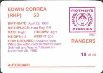 1987 Mother's Cookies Texas Rangers #19 Ed Correa Back