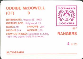 1987 Mother's Cookies Texas Rangers #4 Oddibe McDowell Back