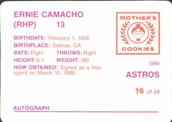 1988 Mother's Cookies Houston Astros #16 Ernie Camacho Back