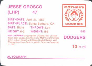 1988 Mother's Cookies Los Angeles Dodgers #13 Jesse Orosco Back