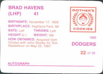 1988 Mother's Cookies Los Angeles Dodgers #22 Brad Havens Back