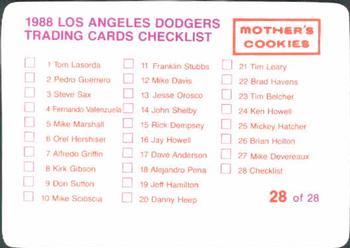 1988 Mother's Cookies Los Angeles Dodgers #28 Coaches & Checklist (Joe Ferguson / Ron Perranoski / Bill Russell / Mark Cresse / Joe Amalfitano / Manny Mota / Ben Hines) Back