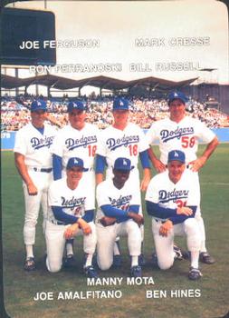 1988 Mother's Cookies Los Angeles Dodgers #28 Coaches & Checklist (Joe Ferguson / Ron Perranoski / Bill Russell / Mark Cresse / Joe Amalfitano / Manny Mota / Ben Hines) Front