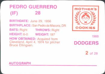 1988 Mother's Cookies Los Angeles Dodgers #2 Pedro Guerrero Back