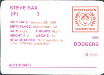 1988 Mother's Cookies Los Angeles Dodgers #3 Steve Sax Back
