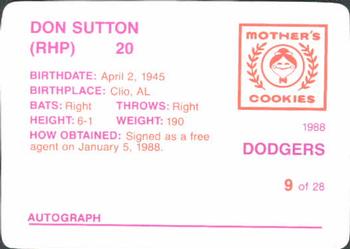 1988 Mother's Cookies Los Angeles Dodgers #9 Don Sutton Back