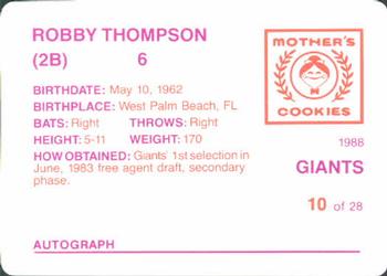 1988 Mother's Cookies San Francisco Giants #10 Robby Thompson Back