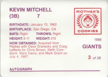 1988 Mother's Cookies San Francisco Giants #3 Kevin Mitchell Back