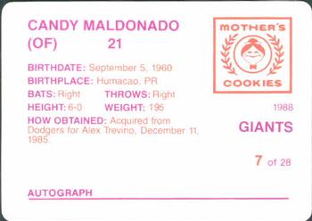 1988 Mother's Cookies San Francisco Giants #7 Candy Maldonado Back
