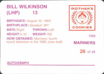 1988 Mother's Cookies Seattle Mariners #26 Bill Wilkinson Back