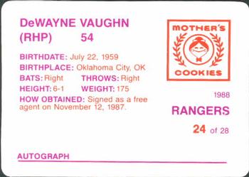 1988 Mother's Cookies Texas Rangers #24 DeWayne Vaughn Back