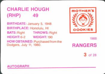 1988 Mother's Cookies Texas Rangers #3 Charlie Hough Back