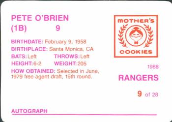 1988 Mother's Cookies Texas Rangers #9 Pete O'Brien Back