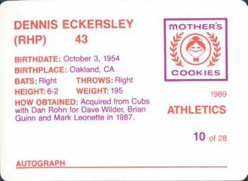 1989 Mother's Cookies Oakland Athletics #10 Dennis Eckersley Back