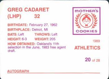 1989 Mother's Cookies Oakland Athletics #20 Greg Cadaret Back
