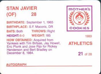 1989 Mother's Cookies Oakland Athletics #21 Stan Javier Back