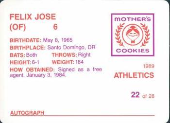 1989 Mother's Cookies Oakland Athletics #22 Felix Jose Back