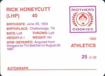 1989 Mother's Cookies Oakland Athletics #25 Rick Honeycutt Back