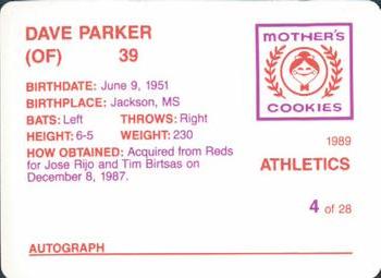 1989 Mother's Cookies Oakland Athletics #4 Dave Parker Back