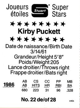 1987 Stuart Bakery Super Stars #22 Kirby Puckett Back