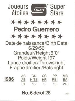 1987 Stuart Bakery Super Stars #6 Pedro Guerrero Back