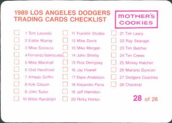 1989 Mother's Cookies Los Angeles Dodgers #28 Checklist Card / World Championship Trophy Back