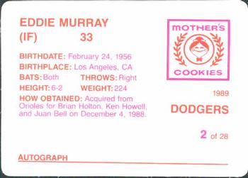 1989 Mother's Cookies Los Angeles Dodgers #2 Eddie Murray Back