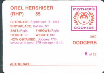 1989 Mother's Cookies Los Angeles Dodgers #6 Orel Hershiser Back