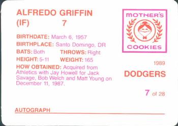 1989 Mother's Cookies Los Angeles Dodgers #7 Alfredo Griffin Back