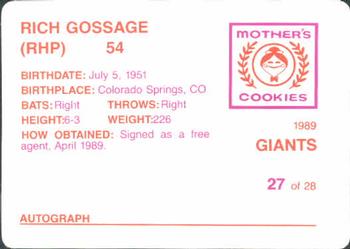 1989 Mother's Cookies San Francisco Giants #27 Rich Gossage Back