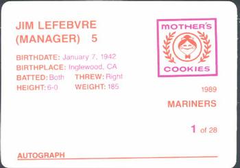 1989 Mother's Cookies Seattle Mariners #1 Jim Lefebvre Back