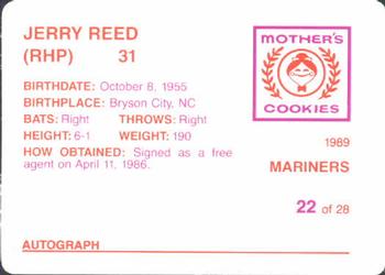1989 Mother's Cookies Seattle Mariners #22 Jerry Reed Back