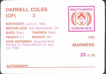 1989 Mother's Cookies Seattle Mariners #23 Darnell Coles Back