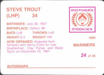 1989 Mother's Cookies Seattle Mariners #24 Steve Trout Back