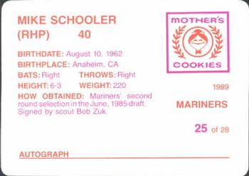 1989 Mother's Cookies Seattle Mariners #25 Mike Schooler Back