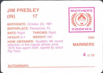 1989 Mother's Cookies Seattle Mariners #4 Jim Presley Back