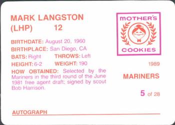 1989 Mother's Cookies Seattle Mariners #5 Mark Langston Back