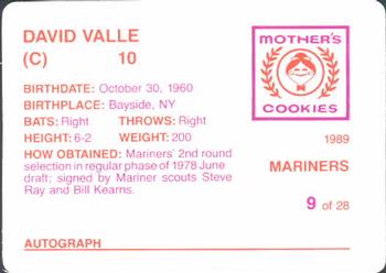 1989 Mother's Cookies Seattle Mariners #9 Dave Valle Back