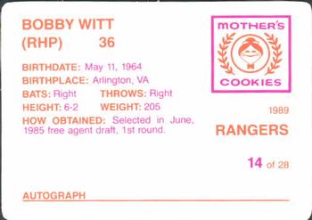 1989 Mother's Cookies Texas Rangers #14 Bobby Witt Back
