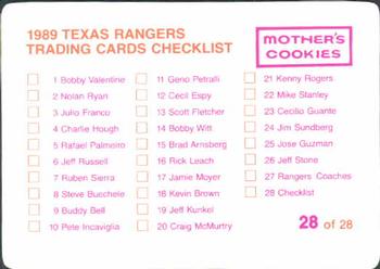 1989 Mother's Cookies Texas Rangers #28 Trainers & Checklist Card (Danny Wheat / Bill Ziegler) Back